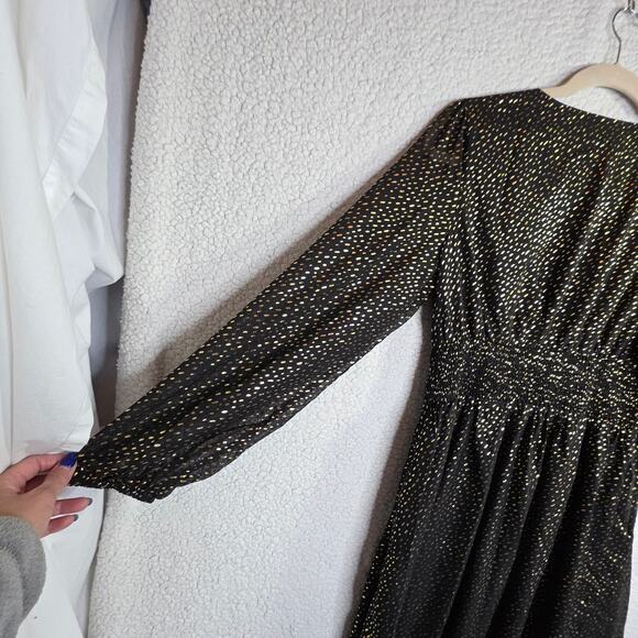 RIHOAS Black Gold Metallic Long Sleeve V Neck Midi Dress XL - Picture 15 of 16